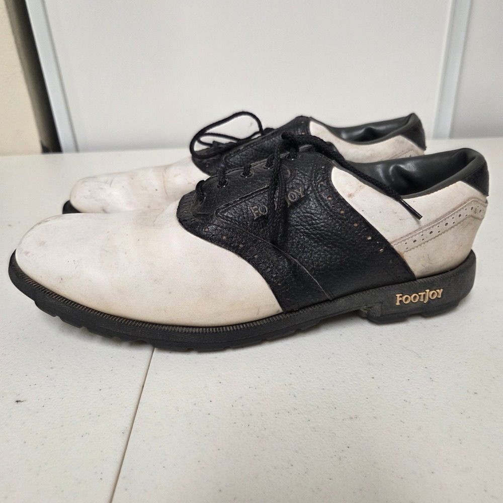 FootJoy Mens Saddle Golf Shoes Black White Leather Spiked Spikes Brogue Trim